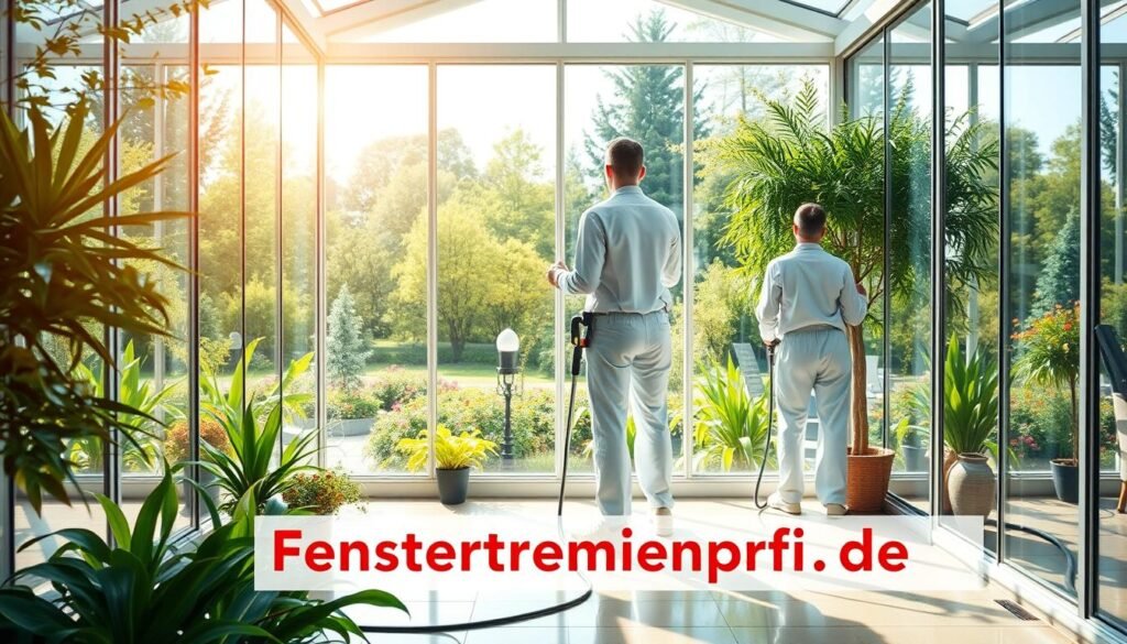A bright and inviting scene showcasing a professional winter garden cleaning service. In the foreground, two workers in clean uniforms use modern equipment to meticulously clean the glass surfaces of a spacious winter garden filled with lush plants and natural light. The middle ground features an array of large, clear windows reflecting the exterior greenery, while in the background, we see a sunlit garden bursting with colorful flowers and verdant trees. The lighting is warm and soft, evoking a serene, fresh atmosphere. The image conveys a sense of care and professionalism essential for maintaining the value of such spaces. Include the brand name "Fensterreinigungprofi.de" subtly integrated into the scene, ensuring it enhances the overall composition without being intrusive. A bright and inviting scene showcasing a professional winter garden cleaning service. In the foreground, two workers in clean uniforms use modern equipment to meticulously clean the glass surfaces of a spacious winter garden filled with lush plants and natural light. The middle ground features an array of large, clear windows reflecting the exterior greenery, while in the background, we see a sunlit garden bursting with colorful flowers and verdant trees. The lighting is warm and soft, evoking a serene, fresh atmosphere. The image conveys a sense of care and professionalism essential for maintaining the value of such spaces. Include the brand name "Fensterreinigungprofi.de" subtly integrated into the scene, ensuring it enhances the overall composition without being intrusive.