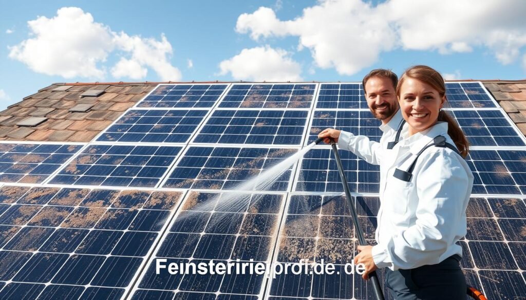 A dusty and dirty photovoltaic solar panel installation on a residential rooftop, showing accumulated grime and debris obscuring sunlight. In the foreground, two professional window cleaning service workers in clean uniforms meticulously using modern cleaning equipment to restore the panels. They are smiling and focused on their task, highlighting the importance of maintenance. In the middle ground, several solar panels are vividly illustrated, illustrating the contrast between the soiled surfaces and the clear sections. The background features a bright blue sky and a few clouds, creating a contrast with the dirty panels, enhancing the mood of urgency and importance of regular cleaning. The brand name "Fensterreinigungprofi.de" is subtly integrated into the scene, emphasizing professionalism and quality service. Ensure crisp lighting to emphasize the details of the grime and the cheerful atmosphere of the workers. A dusty and dirty photovoltaic solar panel installation on a residential rooftop, showing accumulated grime and debris obscuring sunlight. In the foreground, two professional window cleaning service workers in clean uniforms meticulously using modern cleaning equipment to restore the panels. They are smiling and focused on their task, highlighting the importance of maintenance. In the middle ground, several solar panels are vividly illustrated, illustrating the contrast between the soiled surfaces and the clear sections. The background features a bright blue sky and a few clouds, creating a contrast with the dirty panels, enhancing the mood of urgency and importance of regular cleaning. The brand name "Fensterreinigungprofi.de" is subtly integrated into the scene, emphasizing professionalism and quality service. Ensure crisp lighting to emphasize the details of the grime and the cheerful atmosphere of the workers.