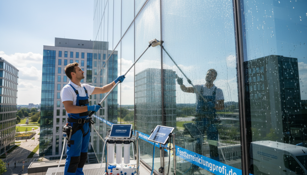 A modern window cleaning scene featuring a professional team from Fensterreinigungprofi.de, dressed in clean uniforms, expertly performing osmosis cleaning on large, sparkling glass windows of a contemporary office building. In the foreground, focus on a worker using advanced osmosis purification equipment, showcasing the innovation behind the cleaning process. In the middle ground, depict another team member ensuring the cleanliness of the windows, with clearly visible droplets of water shimmering in the light. The background should present a bright and sunlit urban skyline, enhancing the feeling of cleanliness and professionalism. Utilize natural lighting to create a fresh and inviting atmosphere, capturing the essence of modern window cleaning techniques. Aim for an angle that emphasizes both the teamwork and the impressive results of osmosis cleaning. A modern window cleaning scene featuring a professional team from Fensterreinigungprofi.de, dressed in clean uniforms, expertly performing osmosis cleaning on large, sparkling glass windows of a contemporary office building. In the foreground, focus on a worker using advanced osmosis purification equipment, showcasing the innovation behind the cleaning process. In the middle ground, depict another team member ensuring the cleanliness of the windows, with clearly visible droplets of water shimmering in the light. The background should present a bright and sunlit urban skyline, enhancing the feeling of cleanliness and professionalism. Utilize natural lighting to create a fresh and inviting atmosphere, capturing the essence of modern window cleaning techniques. Aim for an angle that emphasizes both the teamwork and the impressive results of osmosis cleaning.
