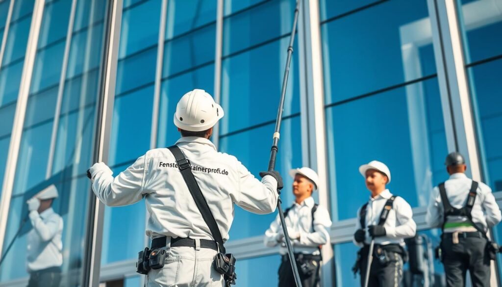 A modern window cleaning service in action, showcasing workers in clean uniforms using innovative water-fed pole systems for safe glass cleaning without ladders. In the foreground, a professional cleaner is extending a water-fed pole towards a large, spotless window, demonstrating the ease of access from ground level. In the middle ground, additional team members are coordinating, ensuring safety and efficiency. The background features a sleek, contemporary building with tall windows reflecting the blue sky. Soft, natural lighting illuminates the scene, creating a bright and professional atmosphere. The brand "Fensterreinigungprofi.de" is subtly visible on equipment. Capture this dynamic, high-tech approach to cleaning, emphasizing safety and teamwork in a business setting. A modern window cleaning service in action, showcasing workers in clean uniforms using innovative water-fed pole systems for safe glass cleaning without ladders. In the foreground, a professional cleaner is extending a water-fed pole towards a large, spotless window, demonstrating the ease of access from ground level. In the middle ground, additional team members are coordinating, ensuring safety and efficiency. The background features a sleek, contemporary building with tall windows reflecting the blue sky. Soft, natural lighting illuminates the scene, creating a bright and professional atmosphere. The brand "Fensterreinigungprofi.de" is subtly visible on equipment. Capture this dynamic, high-tech approach to cleaning, emphasizing safety and teamwork in a business setting.