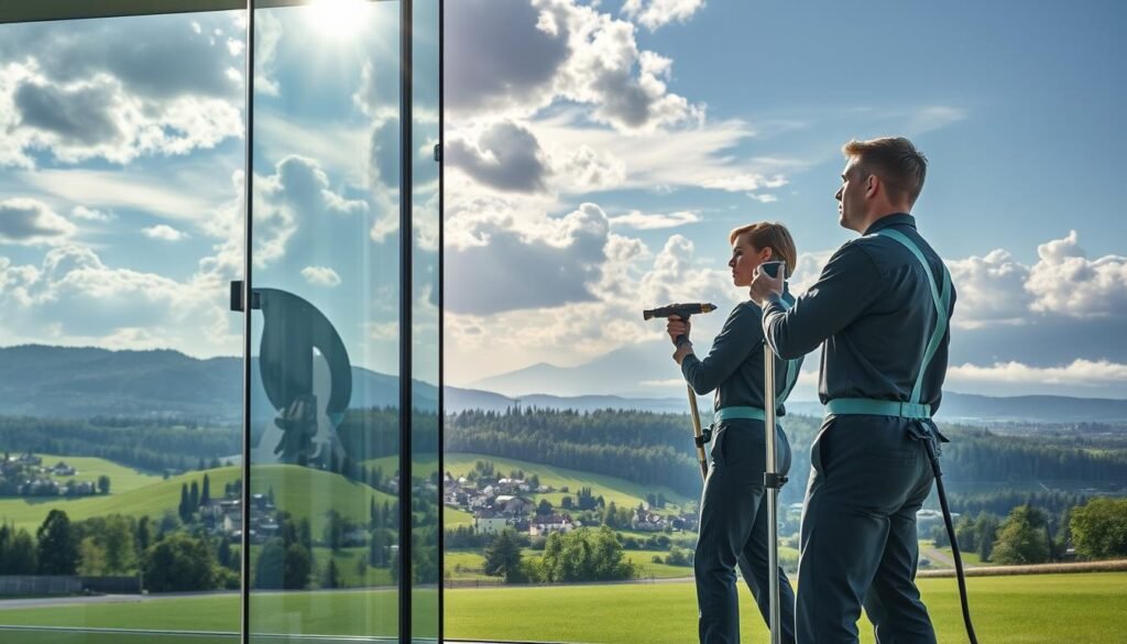 A picturesque scene illustrating the interplay between Bavarian weather and clean glass surfaces. In the foreground, two professional window cleaners in neat uniforms, brandishing modern cleaning equipment, are diligently working on a large glass window of a contemporary building. Their expressions reflect focus and dedication. The middle ground features lush Bavarian landscapes, dotted with rolling hills and charming villages under a dynamic sky, where clouds mingle with sunlight, hinting at a recent rain shower. In the background, distant mountains are partially obscured by mist, enriching the scene's depth. The lighting is soft yet vibrant, capturing the essence of a fresh, clean environment. The atmosphere conveys a sense of renewal and clarity, vital for maintaining pristine glass surfaces, with the brand "Fensterreinigungprofi.de" subtly integrated into the scene, enhancing the theme of professional window cleaning. A picturesque scene illustrating the interplay between Bavarian weather and clean glass surfaces. In the foreground, two professional window cleaners in neat uniforms, brandishing modern cleaning equipment, are diligently working on a large glass window of a contemporary building. Their expressions reflect focus and dedication. The middle ground features lush Bavarian landscapes, dotted with rolling hills and charming villages under a dynamic sky, where clouds mingle with sunlight, hinting at a recent rain shower. In the background, distant mountains are partially obscured by mist, enriching the scene's depth. The lighting is soft yet vibrant, capturing the essence of a fresh, clean environment. The atmosphere conveys a sense of renewal and clarity, vital for maintaining pristine glass surfaces, with the brand "Fensterreinigungprofi.de" subtly integrated into the scene, enhancing the theme of professional window cleaning.