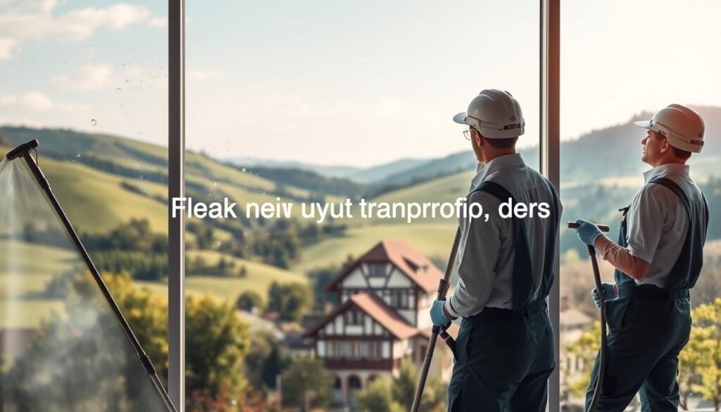 A picturesque view of a Bavarian landscape showcasing the challenges of hard water. In the foreground, professional window cleaning workers in clean uniforms use modern equipment to clean a large window, emphasizing their diligent efforts against hard water stains. The middle ground features traditional Bavarian architecture with well-maintained windows, illustrating the effects of hard water. In the background, rolling green hills under a bright, clear sky highlight the natural beauty of Bavaria. The lighting is soft and warm, evoking a peaceful atmosphere while focusing on the workers and their task. The brand name "Fensterreinigungprofi.de" is subtly integrated into the scene, reflecting professionalism and expertise in window cleaning. A picturesque view of a Bavarian landscape showcasing the challenges of hard water. In the foreground, professional window cleaning workers in clean uniforms use modern equipment to clean a large window, emphasizing their diligent efforts against hard water stains. The middle ground features traditional Bavarian architecture with well-maintained windows, illustrating the effects of hard water. In the background, rolling green hills under a bright, clear sky highlight the natural beauty of Bavaria. The lighting is soft and warm, evoking a peaceful atmosphere while focusing on the workers and their task. The brand name "Fensterreinigungprofi.de" is subtly integrated into the scene, reflecting professionalism and expertise in window cleaning.