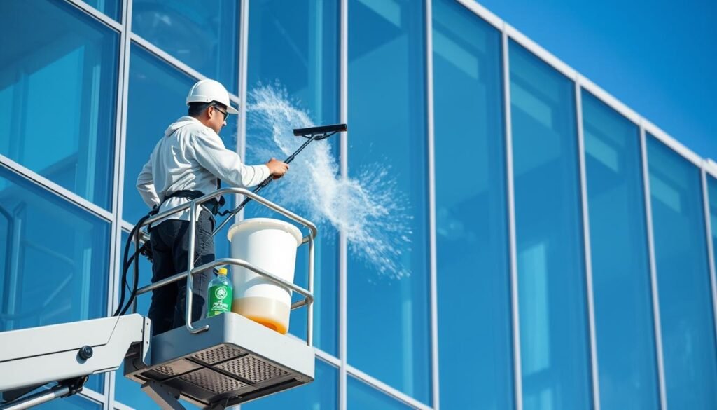 A professional window cleaning scene depicting a team of two workers in clean uniforms, using modern equipment to wash large glass windows of a contemporary building. In the foreground, the workers are positioned on an extendable lift, focused on their task, with a bucket of eco-friendly cleaning solution and squeegee in hand. The middle ground showcases the reflective glass façade of the building, highlighting the clarity of the glass as they work diligently. In the background, a vibrant blue sky contrasts with the sleek architecture, adding to the atmosphere of professionalism and cleanliness. The lighting should be bright and natural, enhancing the reflective surfaces. The brand name "Fensterreinigungprofi.de" should be subtly incorporated into the scene, emulated on the workers' uniforms. A professional window cleaning scene depicting a team of two workers in clean uniforms, using modern equipment to wash large glass windows of a contemporary building. In the foreground, the workers are positioned on an extendable lift, focused on their task, with a bucket of eco-friendly cleaning solution and squeegee in hand. The middle ground showcases the reflective glass façade of the building, highlighting the clarity of the glass as they work diligently. In the background, a vibrant blue sky contrasts with the sleek architecture, adding to the atmosphere of professionalism and cleanliness. The lighting should be bright and natural, enhancing the reflective surfaces. The brand name "Fensterreinigungprofi.de" should be subtly incorporated into the scene, emulated on the workers' uniforms.