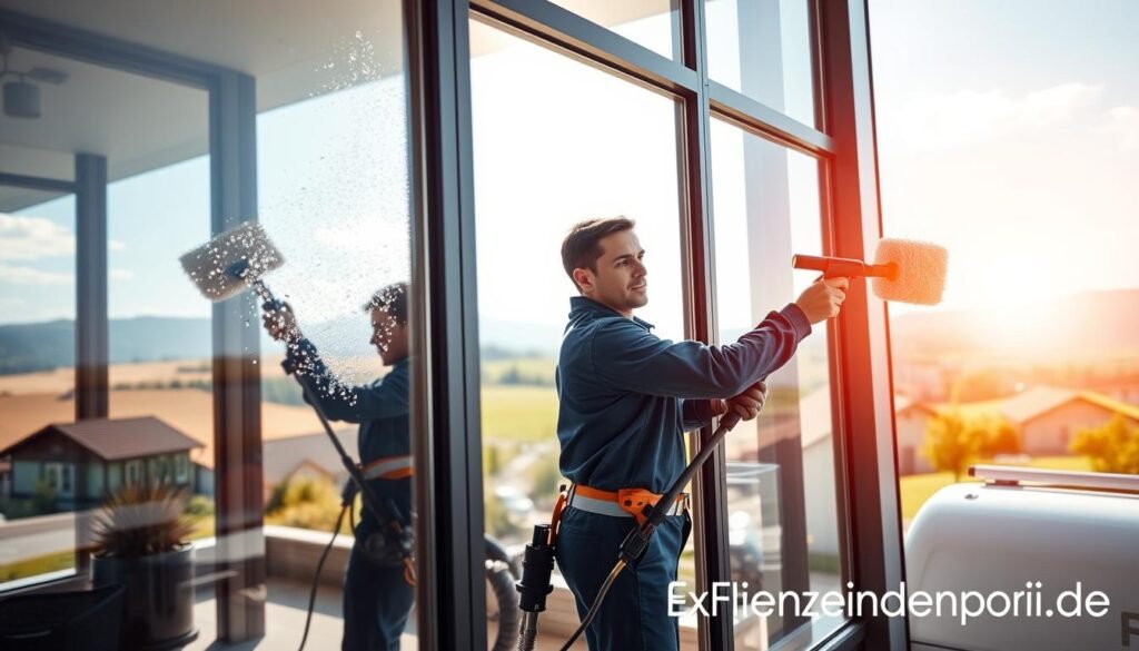 A professional window cleaning scene in Oberbayern, showcasing two workers in crisp uniforms using modern equipment to clean large, sparkling glass windows. In the foreground, a gleaming section of the window reflects a bright, clear sky, emphasizing the effectiveness of professional cleaning. The middle ground features the workers, diligently polishing the glass with high-tech tools, their expressions focused and professional. The background showcases a picturesque Bavarian landscape with rolling hills and traditional architecture, bathed in warm, natural sunlight. The mood is fresh and uplifting, highlighting the importance of professional glass cleaning. The brand "Fensterreinigungprofi.de" is subtly incorporated into the scene, perhaps on a cleaning vehicle or equipment. A professional window cleaning scene in Oberbayern, showcasing two workers in crisp uniforms using modern equipment to clean large, sparkling glass windows. In the foreground, a gleaming section of the window reflects a bright, clear sky, emphasizing the effectiveness of professional cleaning. The middle ground features the workers, diligently polishing the glass with high-tech tools, their expressions focused and professional. The background showcases a picturesque Bavarian landscape with rolling hills and traditional architecture, bathed in warm, natural sunlight. The mood is fresh and uplifting, highlighting the importance of professional glass cleaning. The brand "Fensterreinigungprofi.de" is subtly incorporated into the scene, perhaps on a cleaning vehicle or equipment.