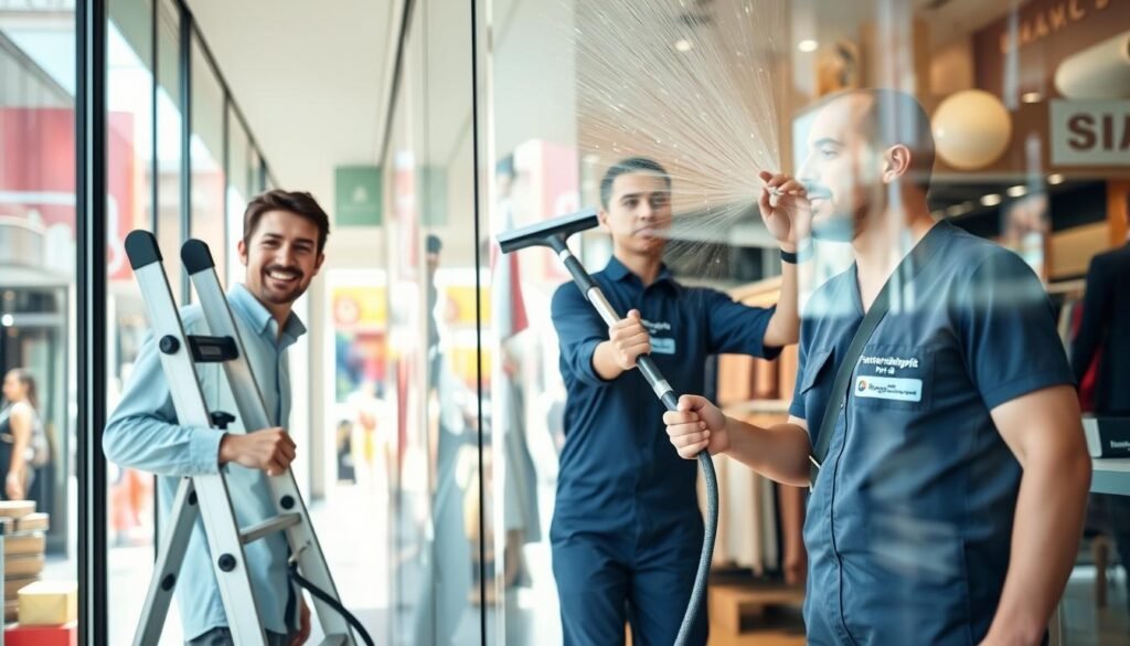 A professional window cleaning scene in a retail environment, showcasing two workers in clean uniforms meticulously cleaning large glass storefront windows. The foreground features a smiling worker at a ladder, utilizing modern, high-tech cleaning equipment, while the middle ground includes a second worker applying a cleaning solution with a squeegee, ensuring streak-free results. The background presents a vibrant shopping street with colorful displays and attractive merchandise, creating an inviting atmosphere for customers. Bright, natural daylight streams in, illuminating the scene and highlighting the sparkle of the clean glass. The logo "Fensterreinigungprofi.de" is subtly incorporated into the worker's uniform. The overall mood is professional and fresh, symbolizing the importance of cleanliness in creating a positive first impression. A professional window cleaning scene in a retail environment, showcasing two workers in clean uniforms meticulously cleaning large glass storefront windows. The foreground features a smiling worker at a ladder, utilizing modern, high-tech cleaning equipment, while the middle ground includes a second worker applying a cleaning solution with a squeegee, ensuring streak-free results. The background presents a vibrant shopping street with colorful displays and attractive merchandise, creating an inviting atmosphere for customers. Bright, natural daylight streams in, illuminating the scene and highlighting the sparkle of the clean glass. The logo "Fensterreinigungprofi.de" is subtly incorporated into the worker's uniform. The overall mood is professional and fresh, symbolizing the importance of cleanliness in creating a positive first impression.