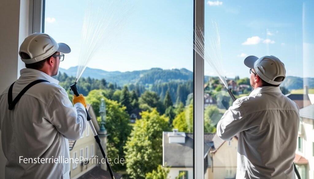 A professional window cleaning scene set in Rosenheim, focusing on the challenges posed by Alpine dream pollen. In the foreground, two diligent workers in clean uniforms are using modern, chemical-free window cleaning equipment, showcasing a large, transparent window being treated with pure water. The middle ground features a picturesque view of lush Alpine scenery, under a clear blue sky, with hints of pollen floating gently in the air. The background reveals charming Rosenheim architecture, blending traditional and modern elements. Soft, natural light illuminates the scene, creating a fresh, inviting atmosphere. The logo "Fensterreinigungprofi.de" is subtly integrated into the scene, ensuring a professional touch without being intrusive. A professional window cleaning scene set in Rosenheim, focusing on the challenges posed by Alpine dream pollen. In the foreground, two diligent workers in clean uniforms are using modern, chemical-free window cleaning equipment, showcasing a large, transparent window being treated with pure water. The middle ground features a picturesque view of lush Alpine scenery, under a clear blue sky, with hints of pollen floating gently in the air. The background reveals charming Rosenheim architecture, blending traditional and modern elements. Soft, natural light illuminates the scene, creating a fresh, inviting atmosphere. The logo "Fensterreinigungprofi.de" is subtly integrated into the scene, ensuring a professional touch without being intrusive.