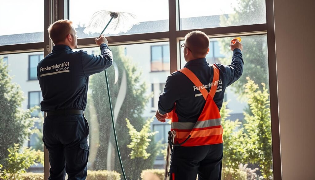 A professional window cleaning scene showcasing the process of osmosis cleaning, featuring two workers in clean uniforms from Fensterreinigungprofi.de. In the foreground, one worker is carefully using modern equipment to clean a large window, while the other is holding a supportive ladder. The middle ground should display a sparkling, transparent window with reflections of sunlight creating a bright, inviting atmosphere. In the background, a well-maintained building with greenery surrounding it adds depth. The lighting should be natural and warm, casting soft shadows that enhance the clarity of the scene. The overall mood is one of professionalism, efficiency, and freshness, emphasizing the effectiveness of osmosis cleaning methods. A professional window cleaning scene showcasing the process of osmosis cleaning, featuring two workers in clean uniforms from Fensterreinigungprofi.de. In the foreground, one worker is carefully using modern equipment to clean a large window, while the other is holding a supportive ladder. The middle ground should display a sparkling, transparent window with reflections of sunlight creating a bright, inviting atmosphere. In the background, a well-maintained building with greenery surrounding it adds depth. The lighting should be natural and warm, casting soft shadows that enhance the clarity of the scene. The overall mood is one of professionalism, efficiency, and freshness, emphasizing the effectiveness of osmosis cleaning methods.