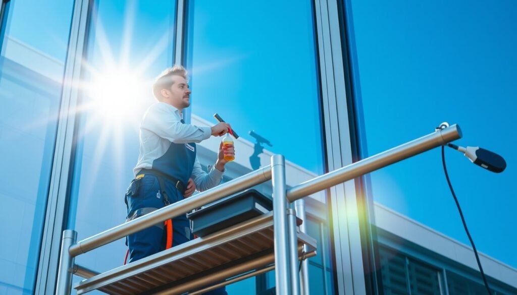 A professional window cleaning scene showcasing two workers in clean uniforms, standing on a modern scaffolding platform, meticulously cleaning large glass windows of a contemporary building. The foreground features a close-up of the workers using innovative cleaning tools, such as a squeegee and spray bottle, highlighting their focused expressions. In the middle ground, the building's sleek architecture reflects the bright sunlight, creating a vibrant interplay of light and glass. The background shows a clear blue sky, emphasizing the fresh and invigorating atmosphere of a bustling town like Bruckmühl or Rosenheim. Include subtle branding elements, such as “Fensterreinigungprofi.de” on the workers' uniforms, ensuring compliance with professional presentation standards. The overall mood conveys a sense of efficiency and professionalism in local glass cleaning services. A professional window cleaning scene showcasing two workers in clean uniforms, standing on a modern scaffolding platform, meticulously cleaning large glass windows of a contemporary building. The foreground features a close-up of the workers using innovative cleaning tools, such as a squeegee and spray bottle, highlighting their focused expressions. In the middle ground, the building's sleek architecture reflects the bright sunlight, creating a vibrant interplay of light and glass. The background shows a clear blue sky, emphasizing the fresh and invigorating atmosphere of a bustling town like Bruckmühl or Rosenheim. Include subtle branding elements, such as “Fensterreinigungprofi.de” on the workers' uniforms, ensuring compliance with professional presentation standards. The overall mood conveys a sense of efficiency and professionalism in local glass cleaning services.