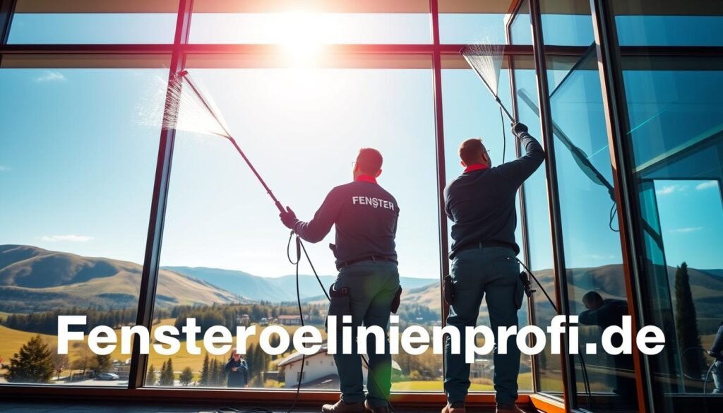 A professional window cleaning service in Bavaria, showcasing immaculate glass windows on a modern commercial building. In the foreground, two workers in clean, professional uniforms, using advanced equipment to meticulously clean the windows, ensuring crystal-clear results. The glass reflects the beautiful Bavarian landscape, with rolling hills and a clear blue sky in the background. Warm sunlight illuminates the scene, creating a bright and inviting atmosphere. The angle captures both the workers in action and the pristine building facade, emphasizing the value of professional glass care. Include the brand name "Fensterreinigungprofi.de" subtly integrated into the scene, without any text overlays or watermarks. The mood is one of professionalism, care, and attention to detail, illustrating the importance of maintaining property value through expert glass maintenance. A professional window cleaning service in Bavaria, showcasing immaculate glass windows on a modern commercial building. In the foreground, two workers in clean, professional uniforms, using advanced equipment to meticulously clean the windows, ensuring crystal-clear results. The glass reflects the beautiful Bavarian landscape, with rolling hills and a clear blue sky in the background. Warm sunlight illuminates the scene, creating a bright and inviting atmosphere. The angle captures both the workers in action and the pristine building facade, emphasizing the value of professional glass care. Include the brand name "Fensterreinigungprofi.de" subtly integrated into the scene, without any text overlays or watermarks. The mood is one of professionalism, care, and attention to detail, illustrating the importance of maintaining property value through expert glass maintenance.