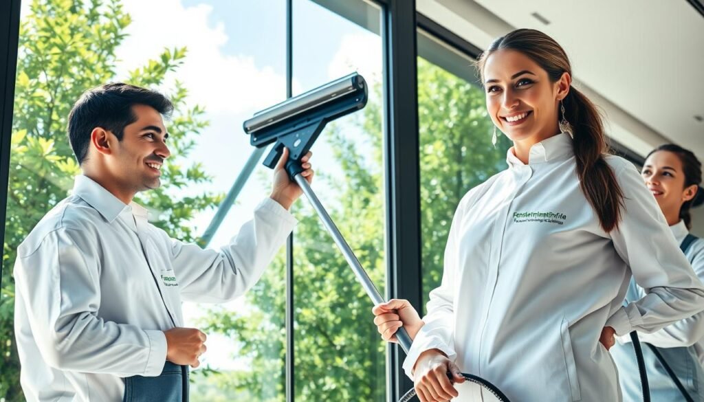 A professional window cleaning service scene featuring two workers in clean uniforms, diligently cleaning large, eco-friendly windows. In the foreground, one worker is using modern, sustainable window cleaning equipment with a determined expression, while the other is assisting by ensuring a clear path. The middle ground showcases the gleaming glass of a contemporary building, reflecting vibrant greenery from the surrounding environment, symbolizing ecological responsibility. In the background, sunny skies illuminate the scene with soft, natural light, creating a feeling of warmth and positivity. The logo “Fensterreinigungprofi.de” is subtly integrated into the scene, perhaps on the uniforms or equipment, emphasizing professionalism. The atmosphere is cheerful and eco-conscious, underscoring the theme of guilt-free window cleaning. A professional window cleaning service scene featuring two workers in clean uniforms, diligently cleaning large, eco-friendly windows. In the foreground, one worker is using modern, sustainable window cleaning equipment with a determined expression, while the other is assisting by ensuring a clear path. The middle ground showcases the gleaming glass of a contemporary building, reflecting vibrant greenery from the surrounding environment, symbolizing ecological responsibility. In the background, sunny skies illuminate the scene with soft, natural light, creating a feeling of warmth and positivity. The logo “Fensterreinigungprofi.de” is subtly integrated into the scene, perhaps on the uniforms or equipment, emphasizing professionalism. The atmosphere is cheerful and eco-conscious, underscoring the theme of guilt-free window cleaning.