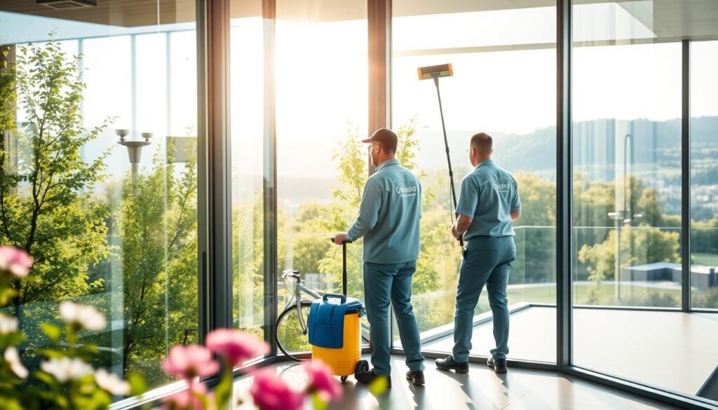 A serene and professional scene showing two workers from Fensterreinigungprofi.de, dressed in clean uniforms, meticulously cleaning large glass windows of a modern building. In the foreground, the workers are using eco-friendly cleaning equipment and biodegradable solutions, showcasing their commitment to sustainability. The middle background features lush green trees and blooming flowers, emphasizing the ecological aspect of their service. Soft natural light filters through the glass, creating reflections that highlight the cleanliness of the windows. In the far background, a picturesque Bavarian landscape can be seen, enhancing the local charm. The overall mood is uplifting and harmonious, conveying a strong philosophy of ecological building cleaning. A serene and professional scene showing two workers from Fensterreinigungprofi.de, dressed in clean uniforms, meticulously cleaning large glass windows of a modern building. In the foreground, the workers are using eco-friendly cleaning equipment and biodegradable solutions, showcasing their commitment to sustainability. The middle background features lush green trees and blooming flowers, emphasizing the ecological aspect of their service. Soft natural light filters through the glass, creating reflections that highlight the cleanliness of the windows. In the far background, a picturesque Bavarian landscape can be seen, enhancing the local charm. The overall mood is uplifting and harmonious, conveying a strong philosophy of ecological building cleaning.