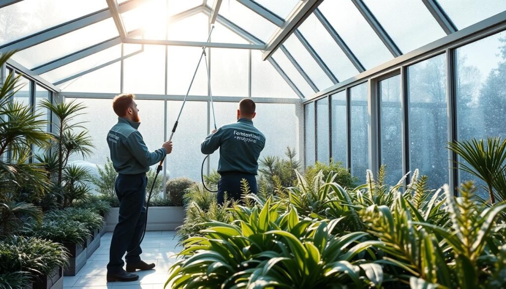 A serene winter garden with a glass roof, illuminated by soft natural light filtering through the panels. In the foreground, two professional window cleaners in clean uniforms from Fensterreinigungprofi.de are expertly using modern equipment to clean the glass, showcasing their focus and skill. The middle ground features the lush greenery of various plants, frosted slightly by the winter chill, providing a contrast to the clarity of the glass above. In the background, a gentle snowfall creates a tranquil winter atmosphere, with snowflakes delicately landing on the glass. The scene conveys a harmonious blend of professionalism and the beauty of winter, illustrating the challenge of maintaining a pristine winter garden. The overall mood is calm, focused, and inviting, emphasizing the importance of thorough winter garden maintenance. A serene winter garden with a glass roof, illuminated by soft natural light filtering through the panels. In the foreground, two professional window cleaners in clean uniforms from Fensterreinigungprofi.de are expertly using modern equipment to clean the glass, showcasing their focus and skill. The middle ground features the lush greenery of various plants, frosted slightly by the winter chill, providing a contrast to the clarity of the glass above. In the background, a gentle snowfall creates a tranquil winter atmosphere, with snowflakes delicately landing on the glass. The scene conveys a harmonious blend of professionalism and the beauty of winter, illustrating the challenge of maintaining a pristine winter garden. The overall mood is calm, focused, and inviting, emphasizing the importance of thorough winter garden maintenance.